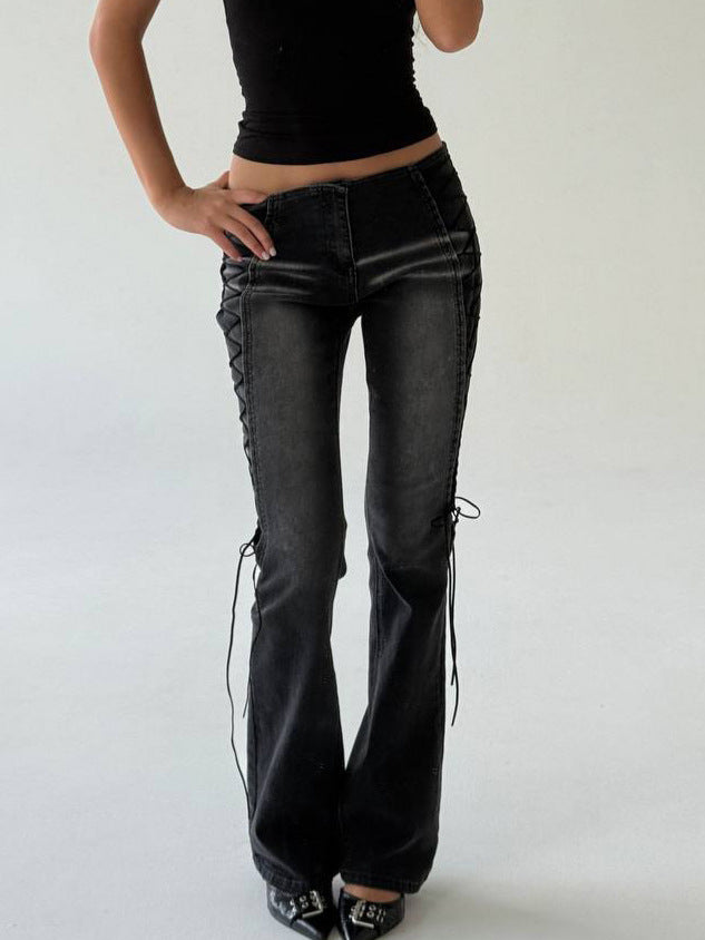 Washed Distressed Side Lace-Up Flare Jeans