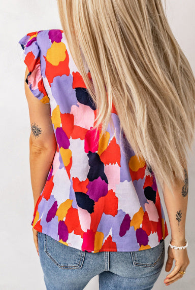Fiery Red Ruffle Cap Sleeve Frill Mock Neck Printed Top