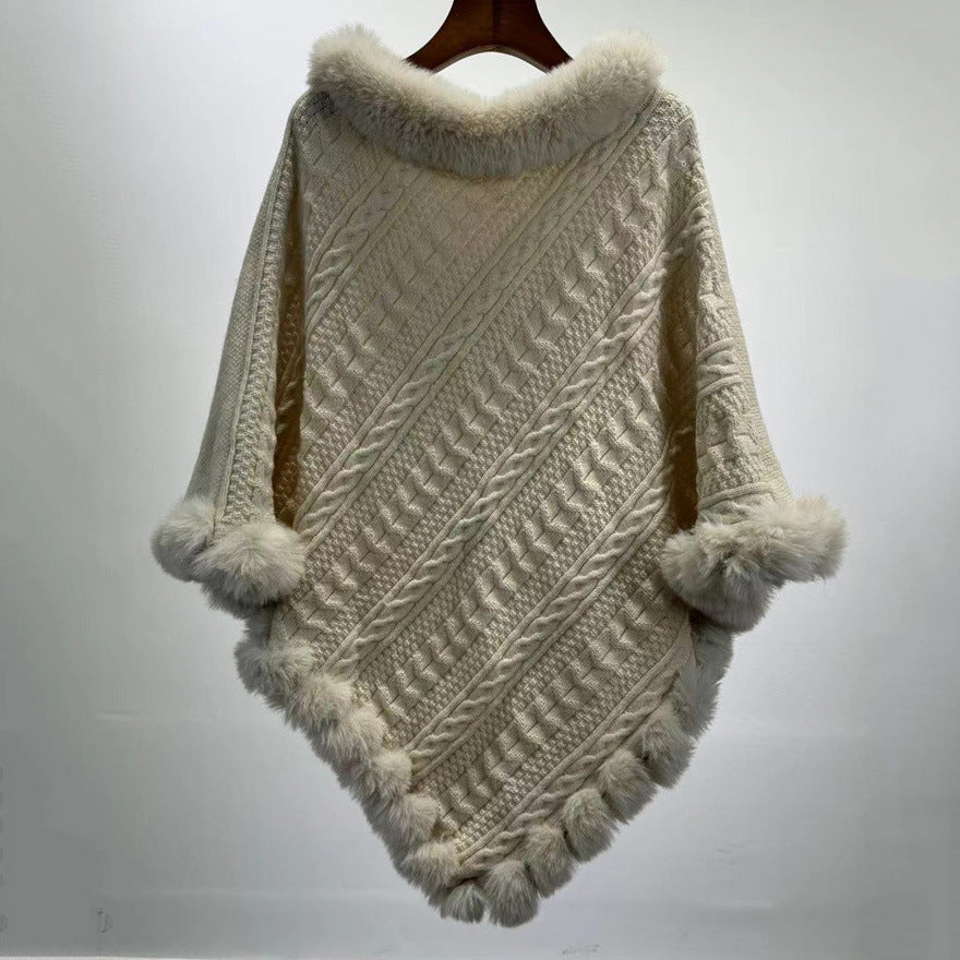 Fur Collar Oversized Knit Pullover Shawl Cloak