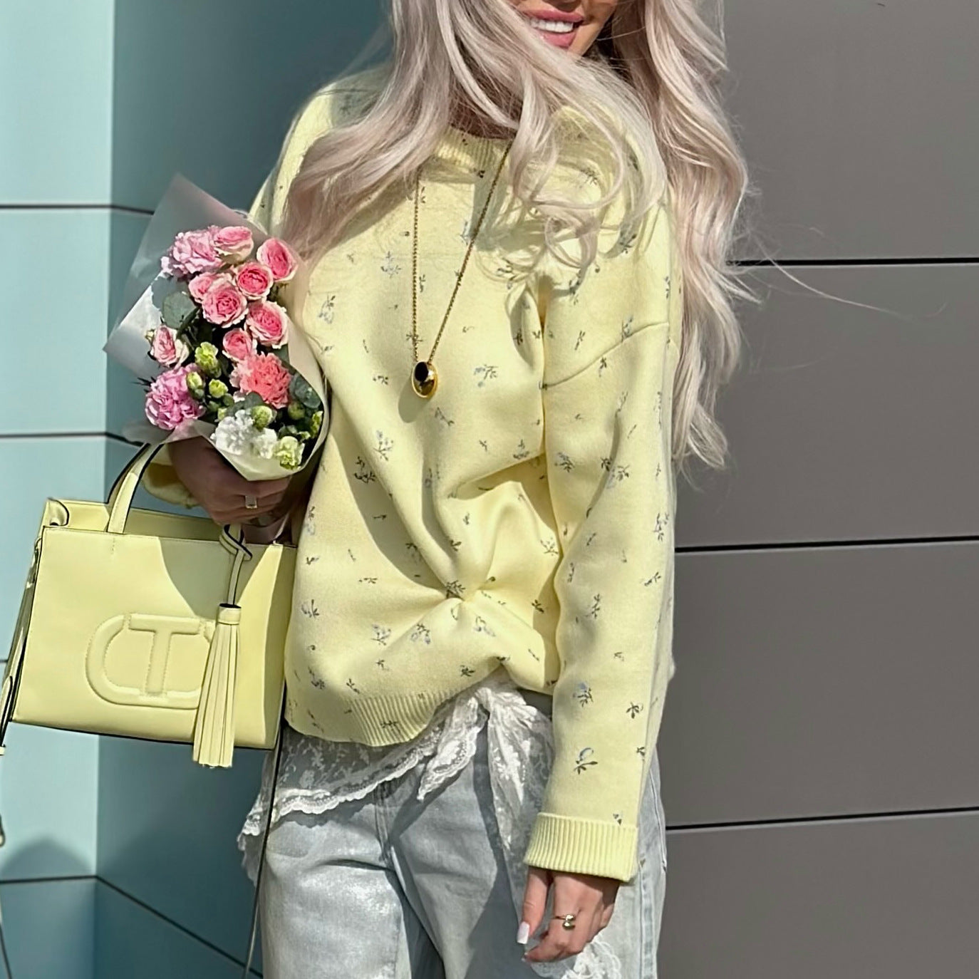 Womens European And American-style Chic Floral-print Crew-neck Pullover Sweater