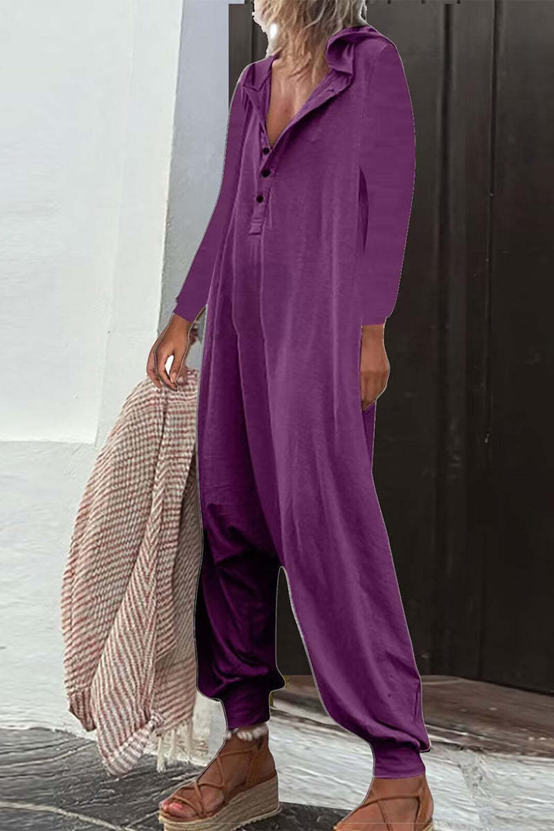 Hooded Side Pocket Long Sleeve Trousers Jumpsuit Baggy Pants