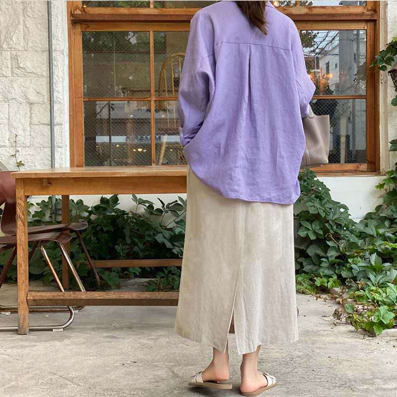 Cotton And Linen Shirt Purple Vintage Top