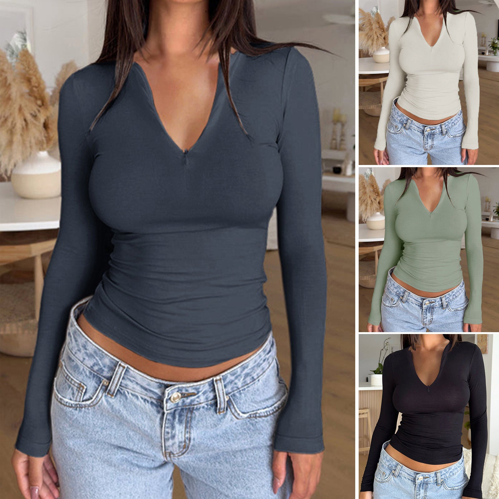 Long Sleeve Zipper V-neck Base Bm Top