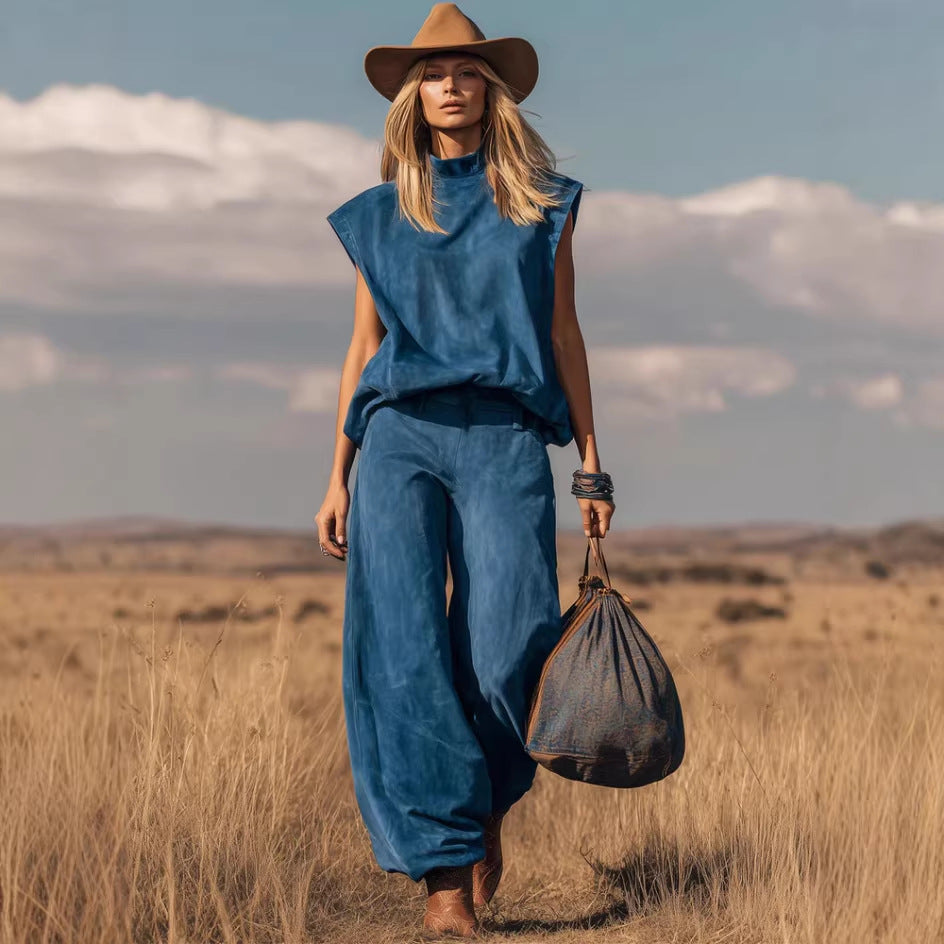 Western-style Sleeveless Wide-leg Cropped Suede Velvet Suit