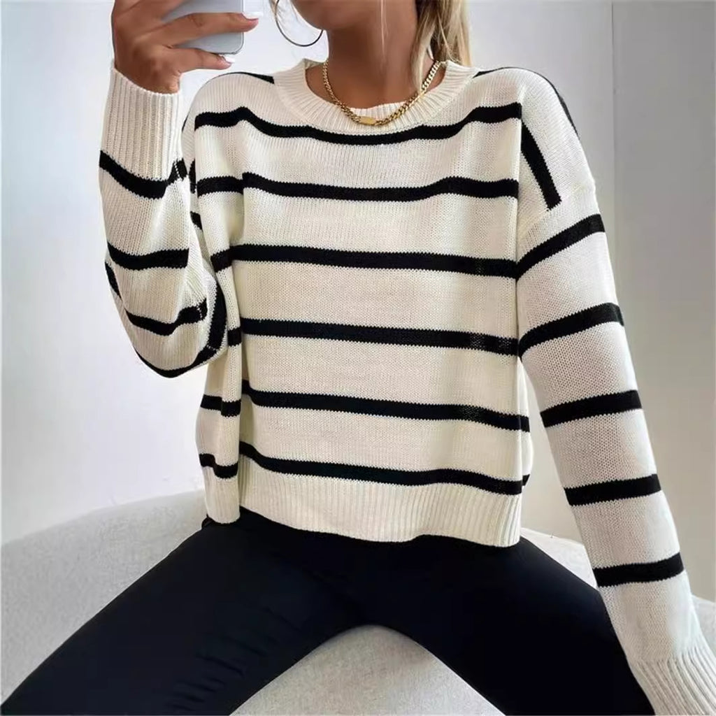 Round Neck Pullover Long Sleeve Base Layer Color Block Sweater Women