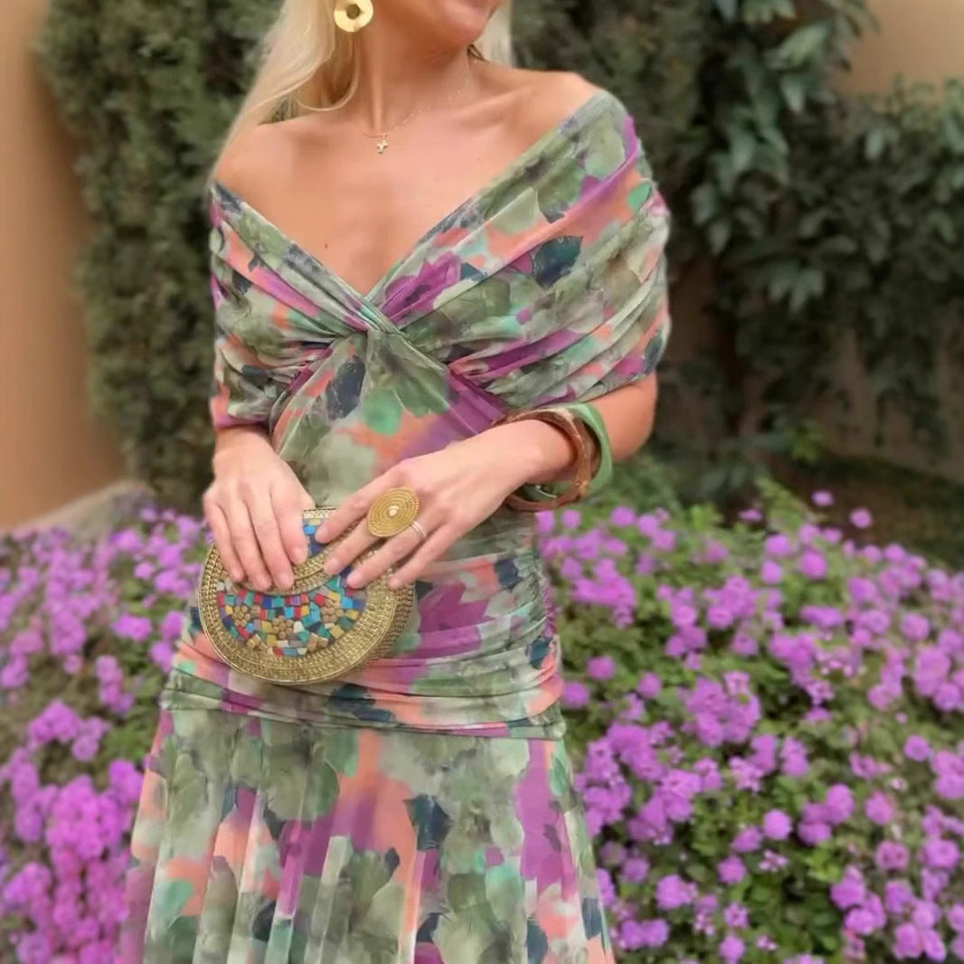 European And American Spring Summer Mesh Printed Camisole Dress