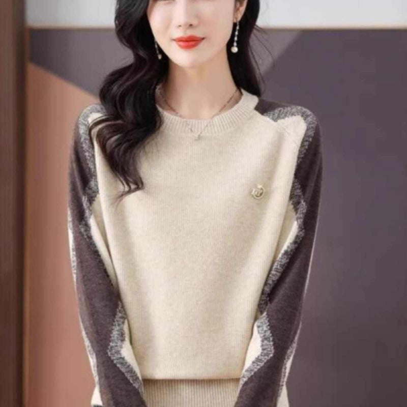 Womens Casual Outfit Round-neck Color-block Sweater Loose-fitting Cropped Knit Top