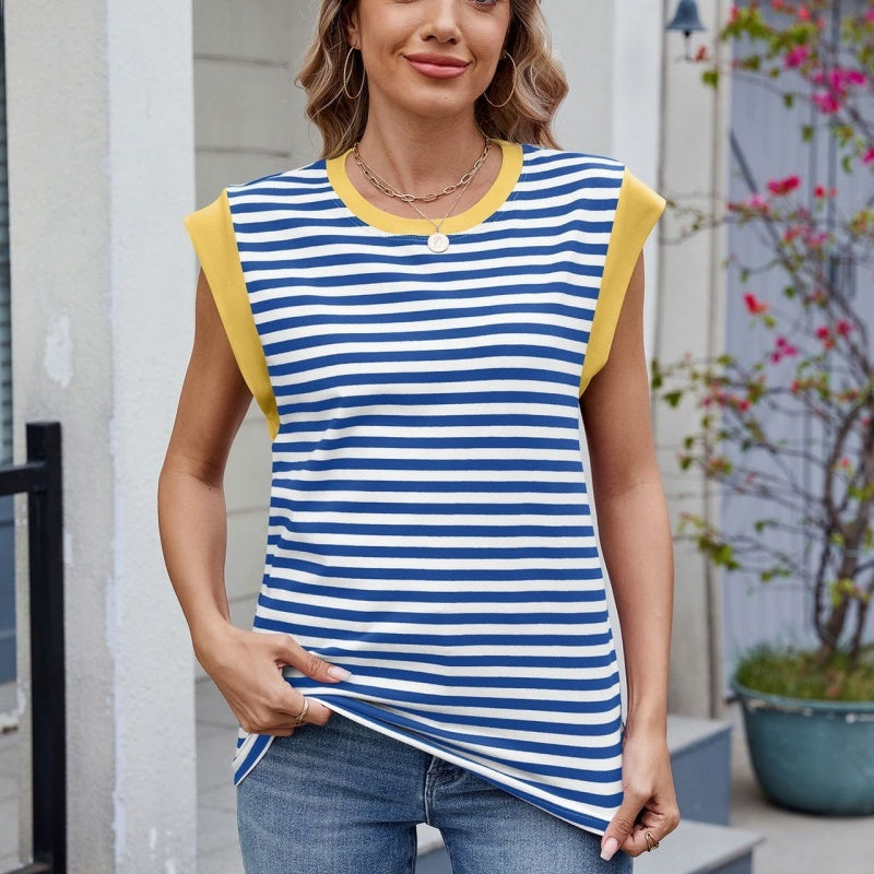 Striped Contrast Color Round Neck Loose Short Sleeves
