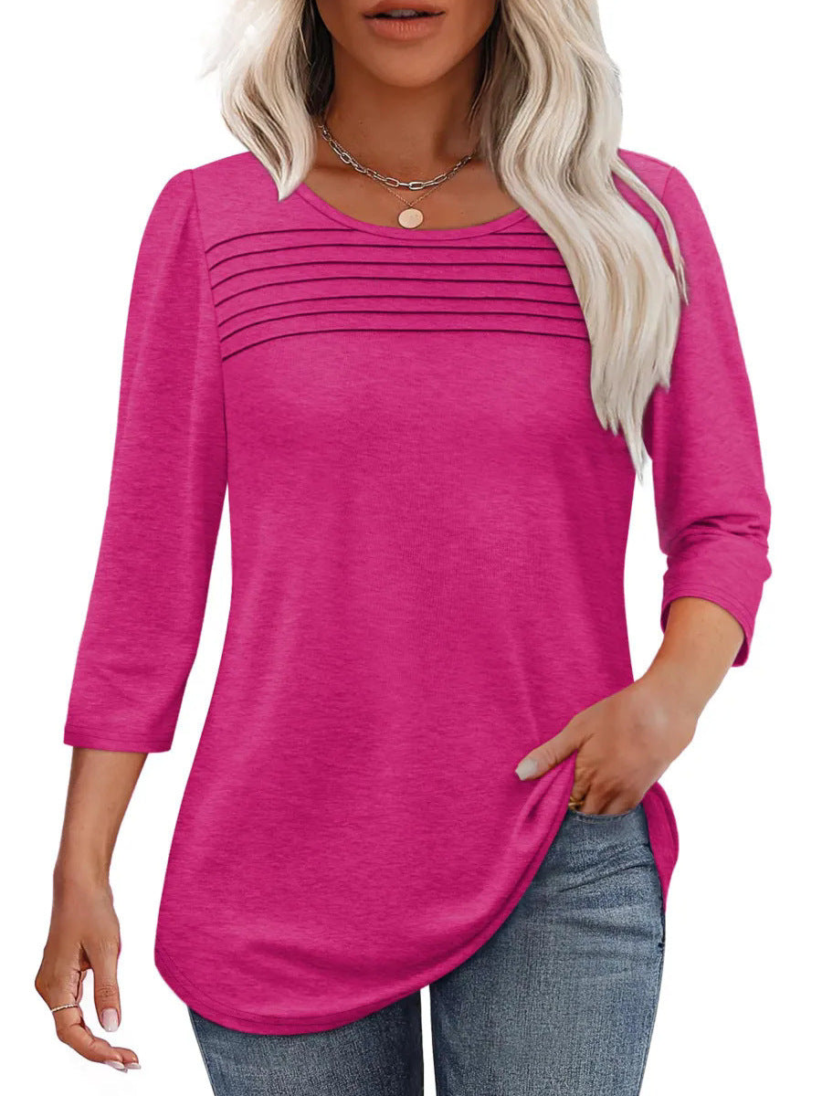 Ladies' Autumn And Winter Round Neck Three-quarters Sleeved Chest Tuck Line Pleated Top