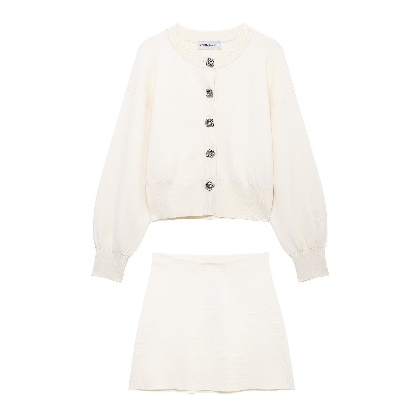 Flower Button Decoration Knitted Coat Short Mini Skirt Suit