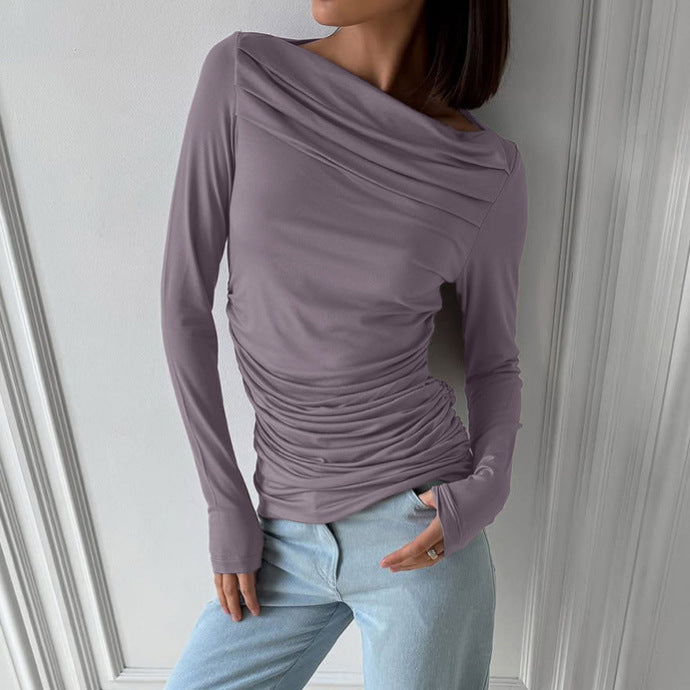 Niche Gathered Waist Regular Shoulder Long Sleeve T-shirt