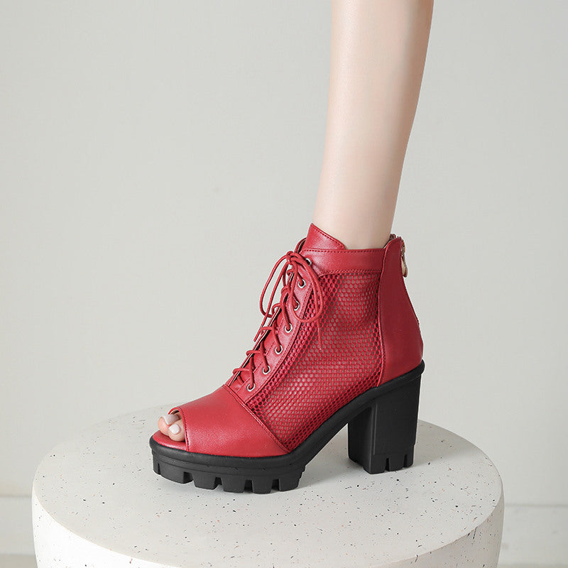 Womens Plus Size Mesh Peep Toe Chunky Heel Sandals With Thick Soles And High Heels