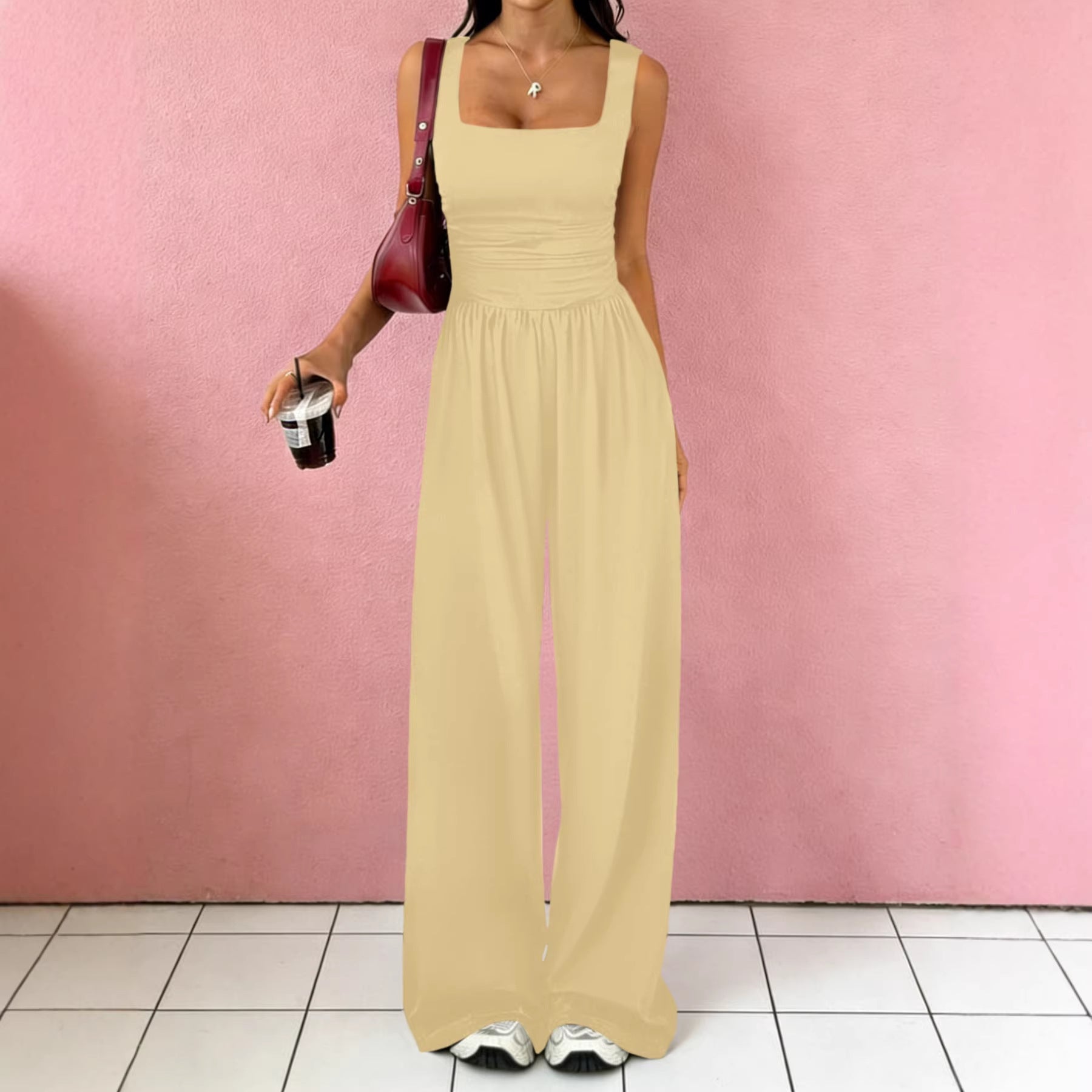 Solid-Color Sexy Tank Top Casual Wide-Leg Pants Two-Piece Set