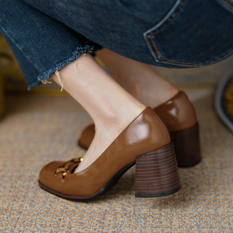 Womens Retro Square-Toe French-Style Chunky-Heel Pumps