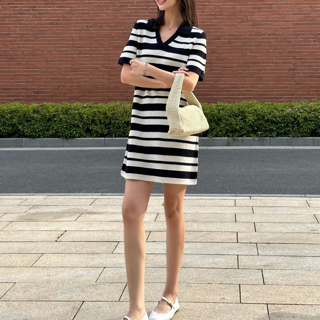 Black And White Striped Hollow-out Blended Knitted Mini Dress Lapel Short Sleeve