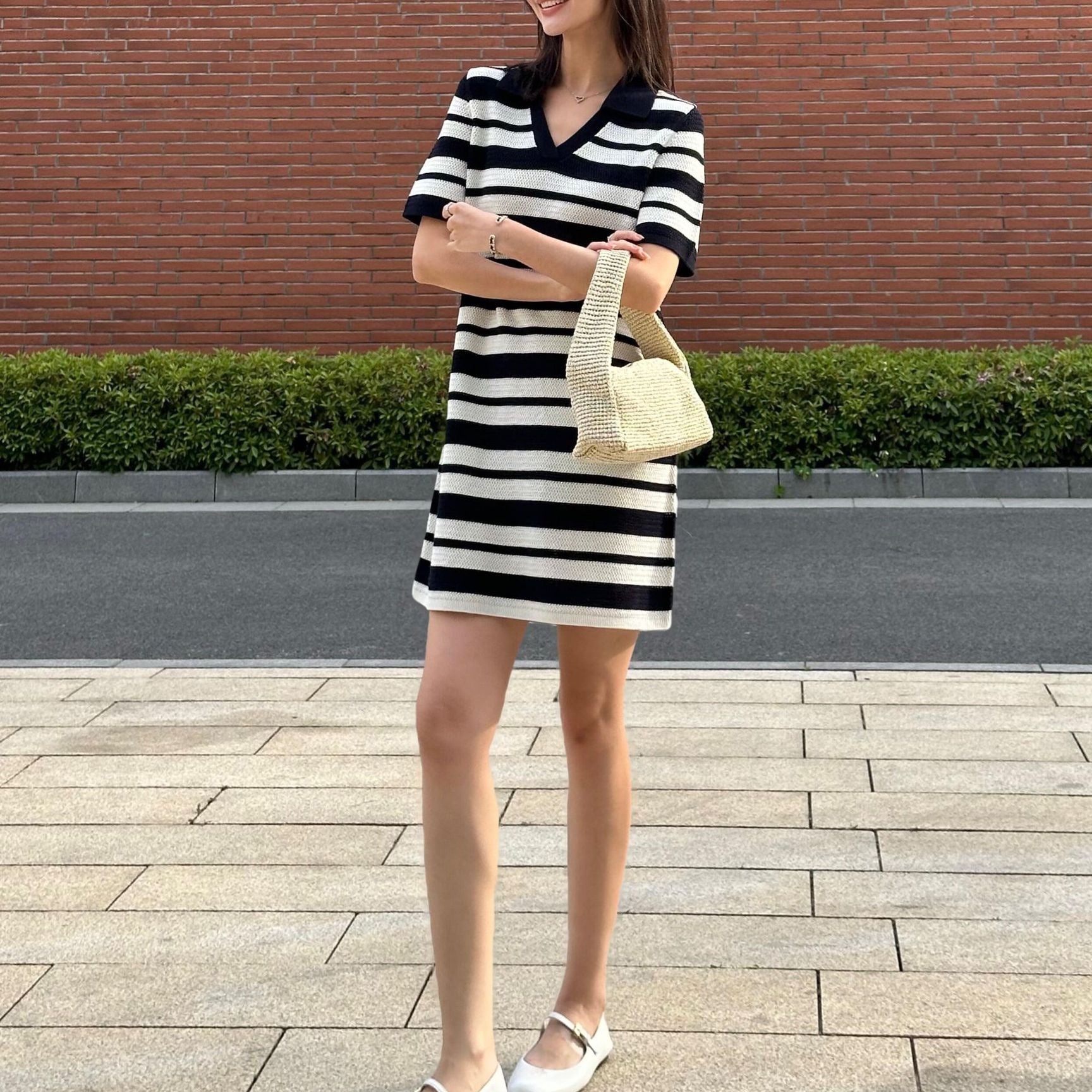 Black And White Striped Hollow-out Blended Knitted Mini Dress Lapel Short Sleeve