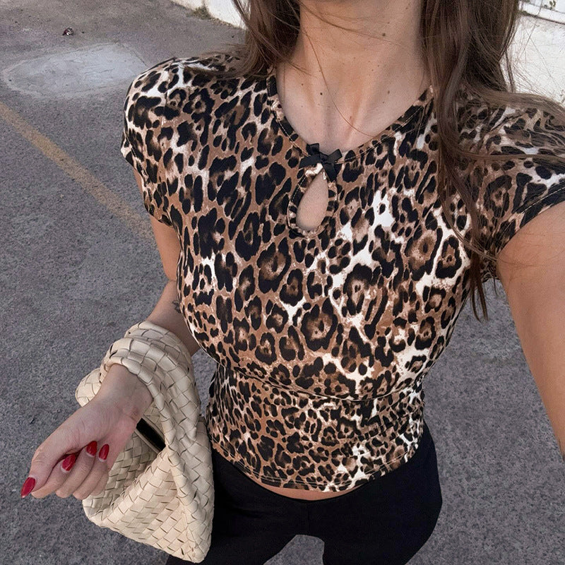 Women's Leopard Print Round Neck Bowknot
