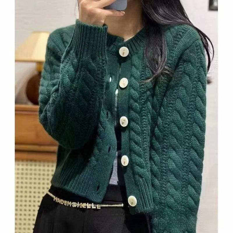 High Waist Thickened Round Neck Twist Soft Glutinous Knitted Cardigan Sweater