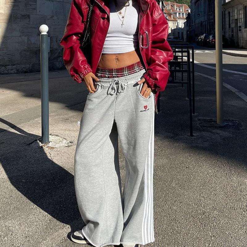 Casual Patchwork Plaid Loose Wide-Leg Pants