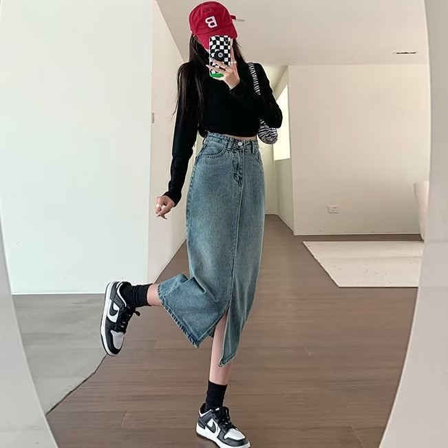 High Waist Slit Denim Skirt For Women A-line Slimming Hip-covering Design Mid-length Skirt