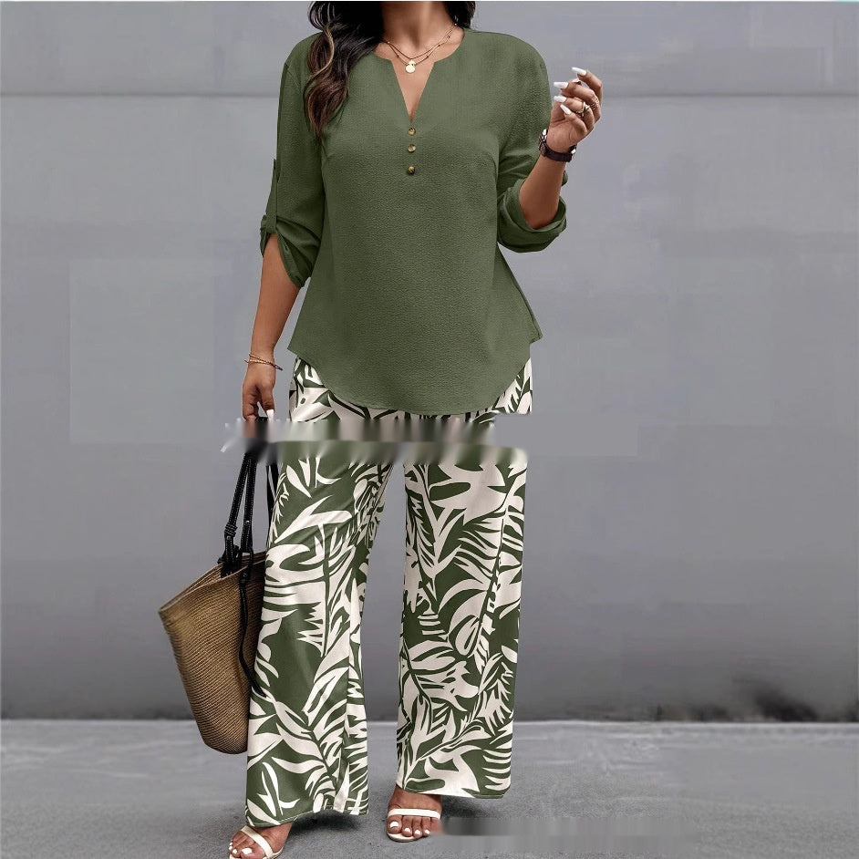 Ladies V-neck Shirt Tropical Plants Printed Pants Suit