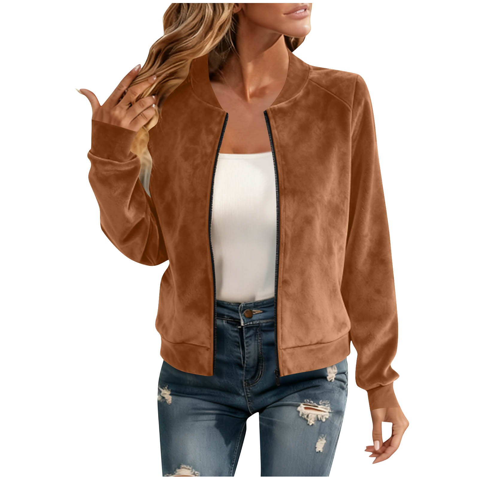 Round-neck Zip-up Deerskin-fleece Short Jacket