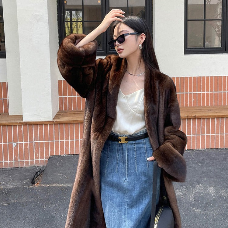 Vintage Mink Coat  Caramel Color V-neck Elongated Style Women's