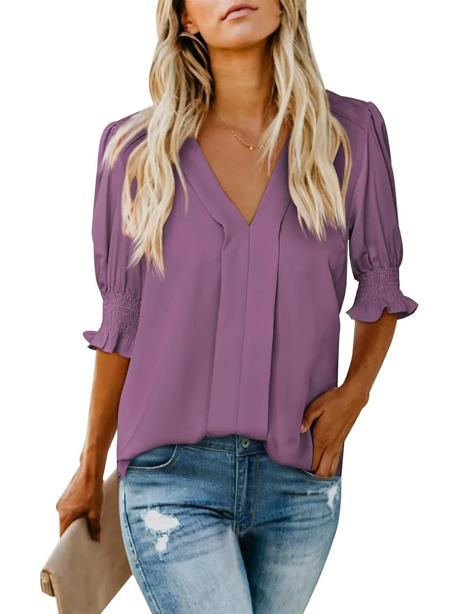V-neck Short Sleeve Loose Comfortable Fashion Summer Solid Color Small Shirt European And American Style