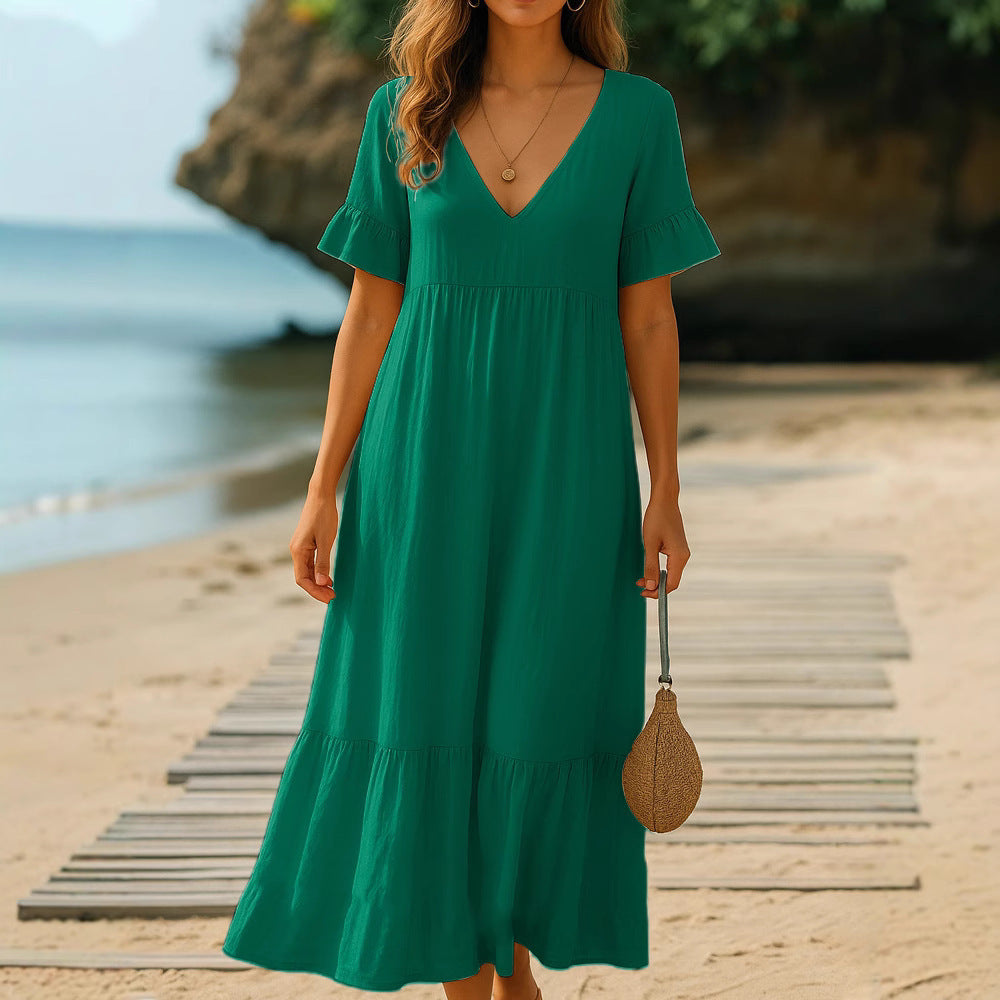 V-neck Solid Color Multicolor Women's Stitching Dress