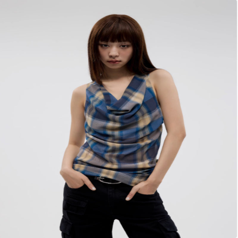Vintage Check Pleated Swing Neck Sleeveless Tank Top