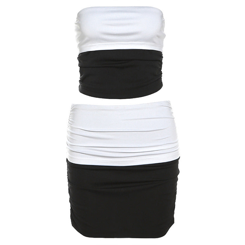European And American Contrast Color Fashion Design Street Tube Top Sexy Backless Slim Fit High Waist Suit