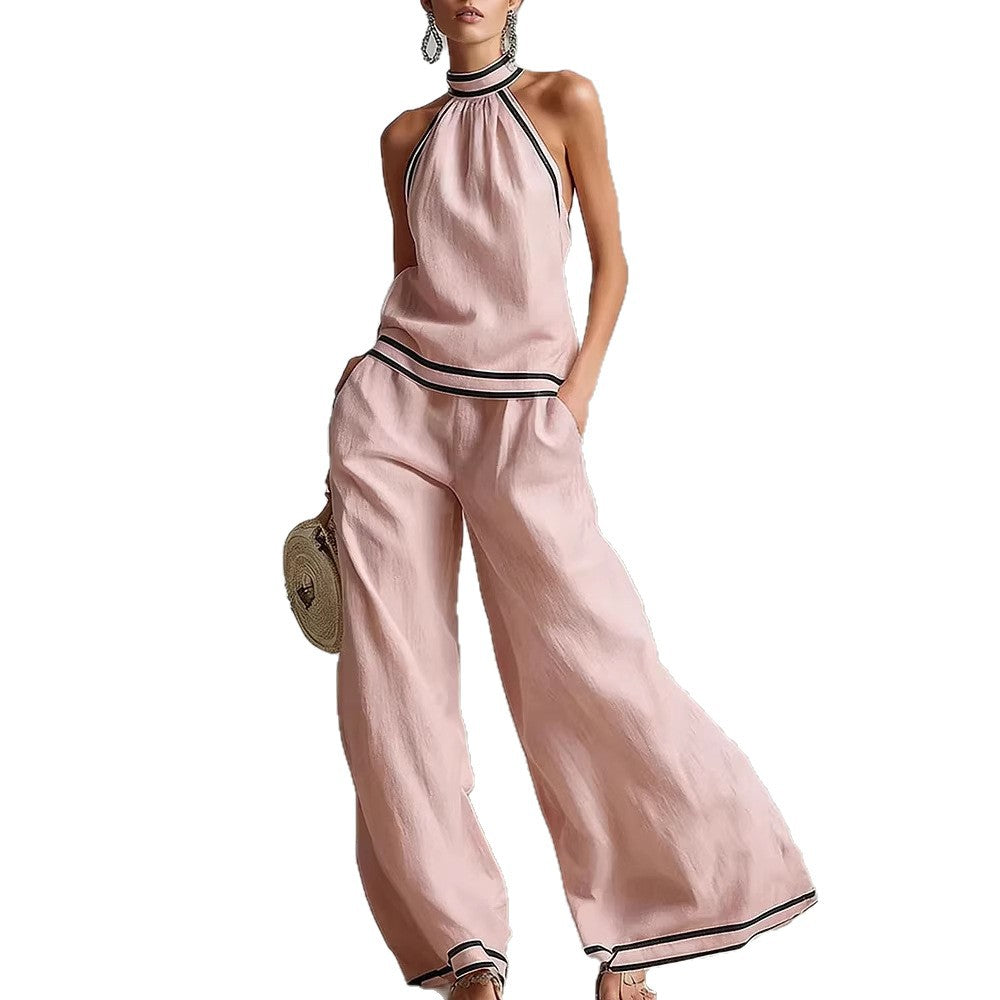 Striped Patchwork Halter-neck Sleeveless Wide-Leg Pants Set