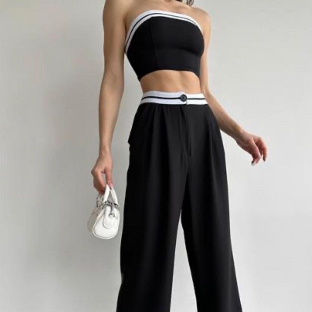 Women's Sports Vest Tube Top High Waist Wide Leg Pants Casual Suit