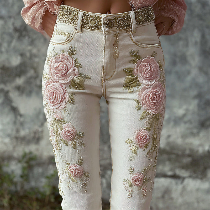 Womens Denim Jeans  Womens Trousers With Colorful 3D Floral Prints