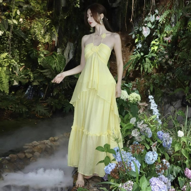 High-end Design French Chic Beach Dress Seaside Vacation Mint Mambo Green Halter Dress