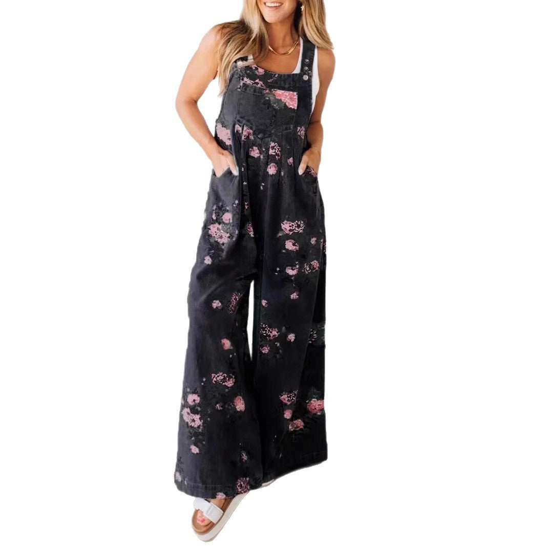 Fashion Denim Floral Print Sleeveless Strap Jumpsuit