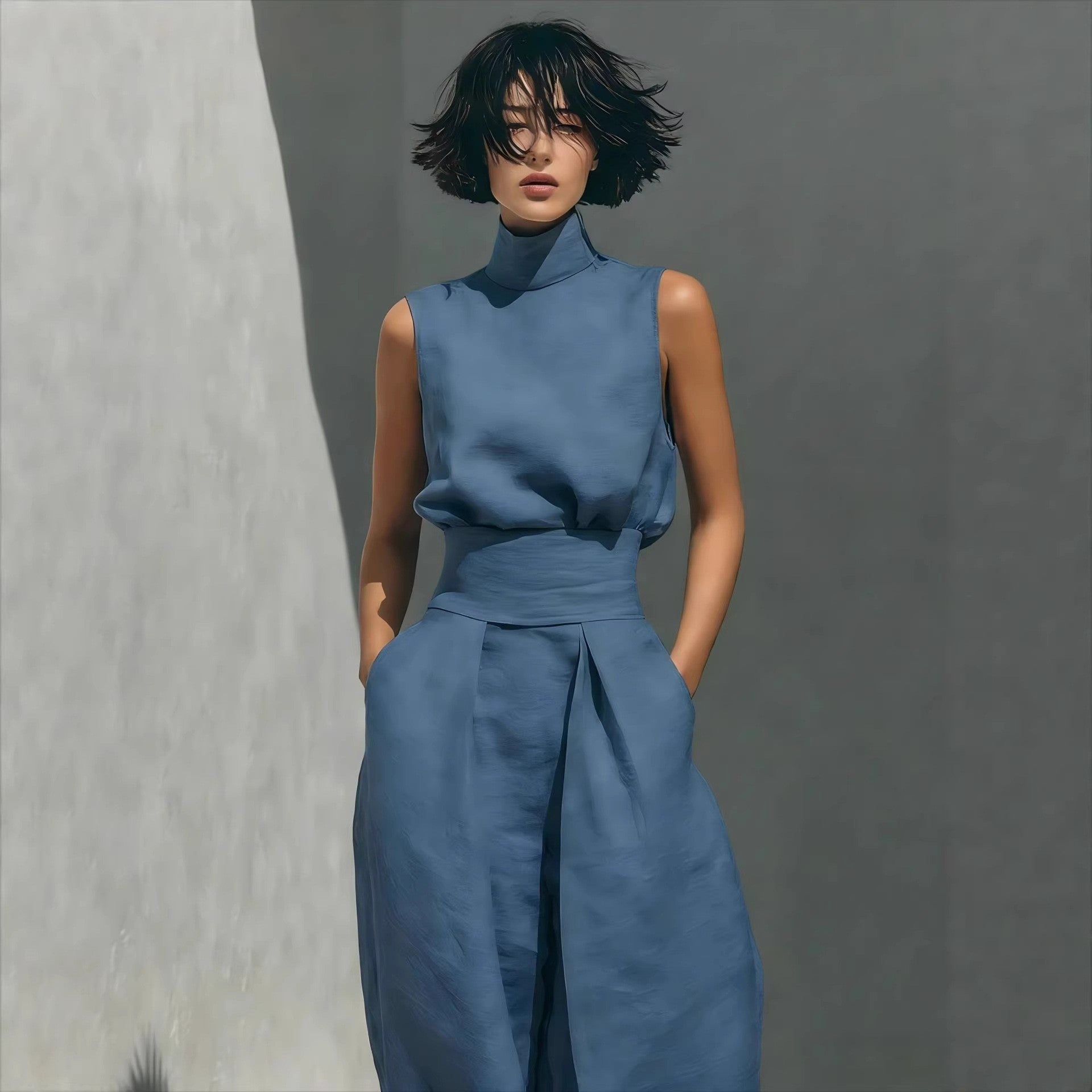 Womens Cotton-Linen Blend Sleeveless Top And Wide-Leg Pants Set