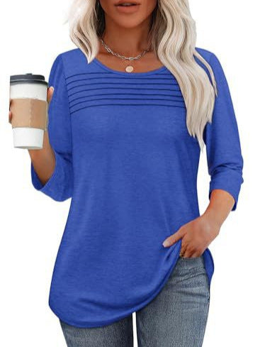 Ladies' Autumn And Winter Round Neck Three-quarters Sleeved Chest Tuck Line Pleated Top
