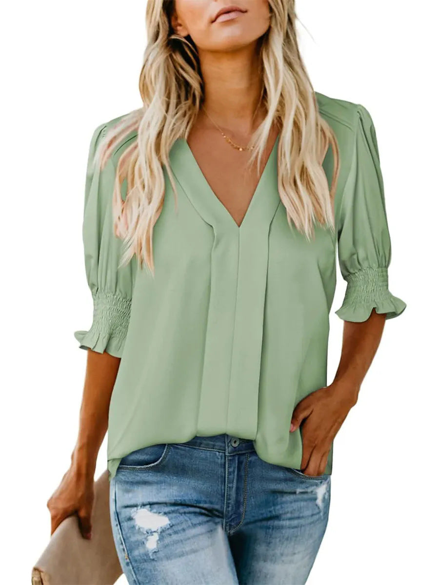 V-neck Short Sleeve Loose Comfortable Fashion Summer Solid Color Small Shirt European And American Style