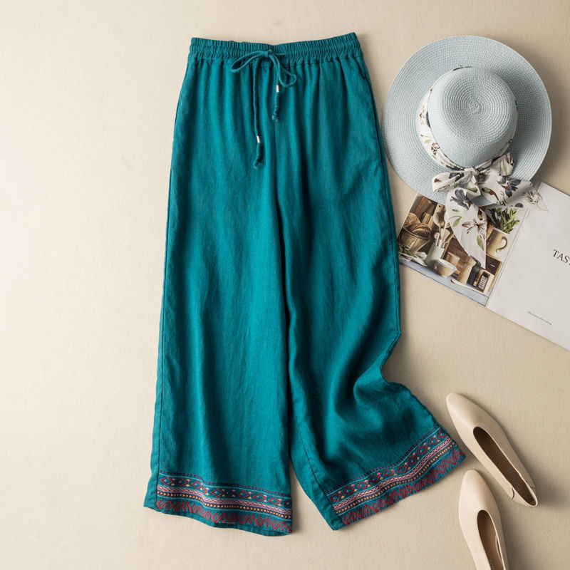 Draping Cotton And Linen Embroidered Wide-leg Pants