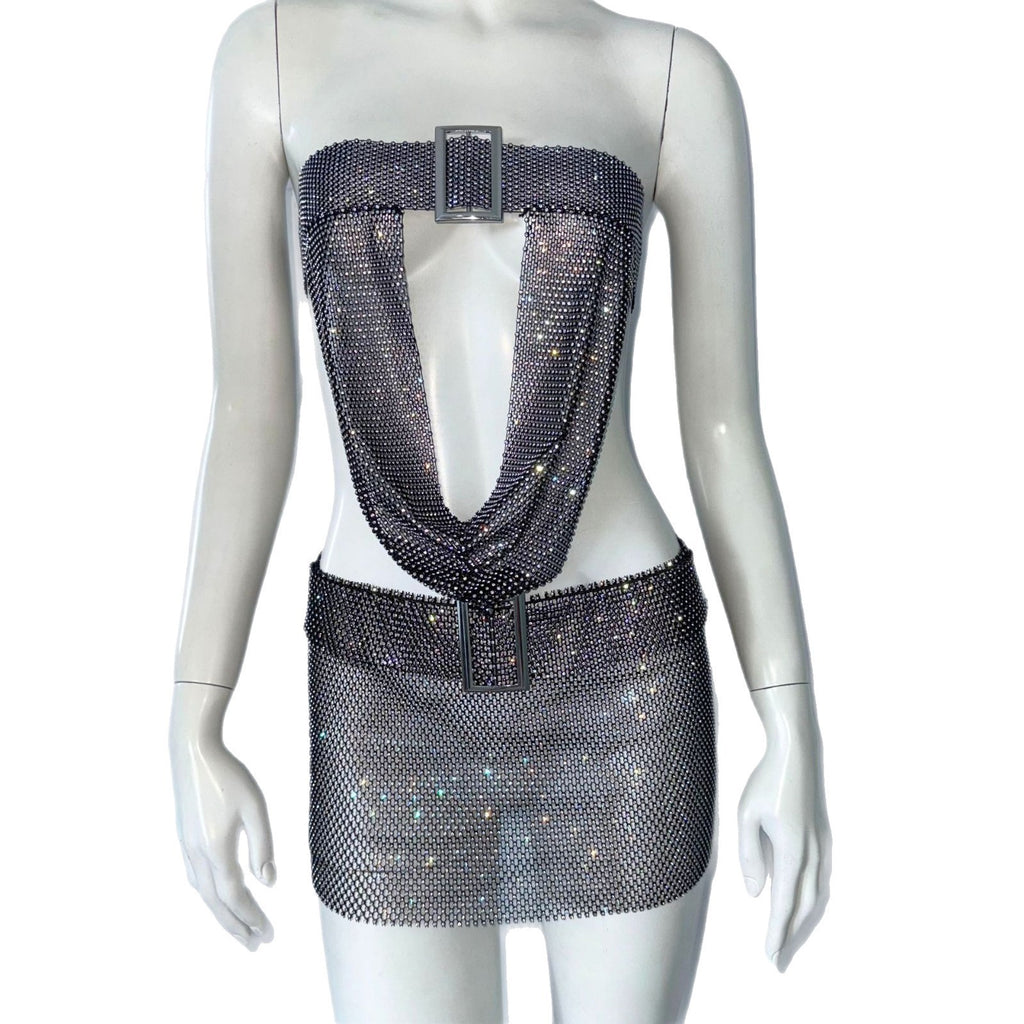 Dress Deep V-neck Strap Mesh Rhinestone Tube Top