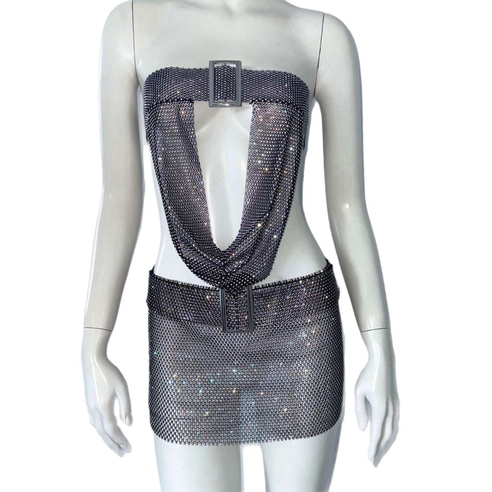 Dress Deep V-neck Strap Mesh Rhinestone Tube Top