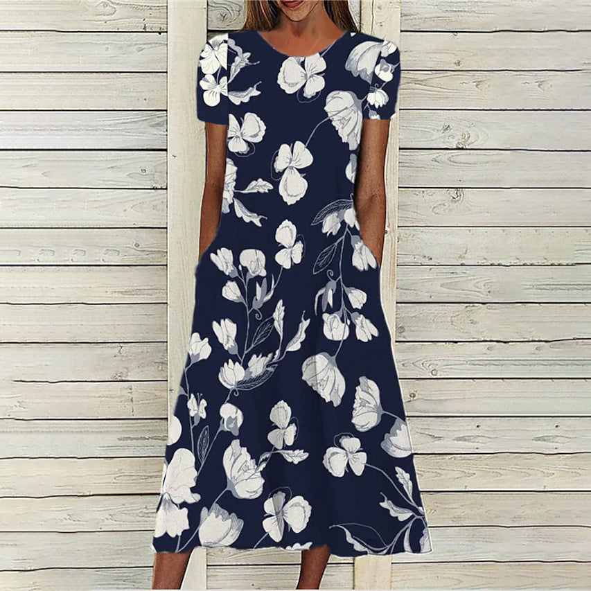 Floral Print Round Neck Short Sleeve Pocket Dress