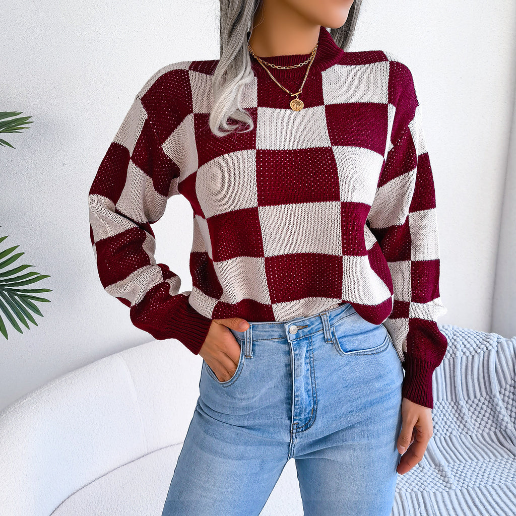 Street Style Color Block Plaid Long Sleeve Pullover Knit Sweater