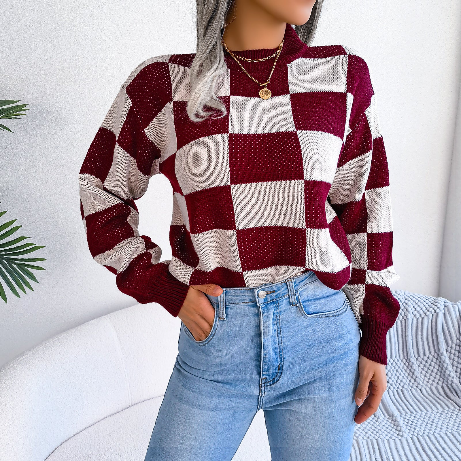 Street Style Color Block Plaid Long Sleeve Pullover Knit Sweater