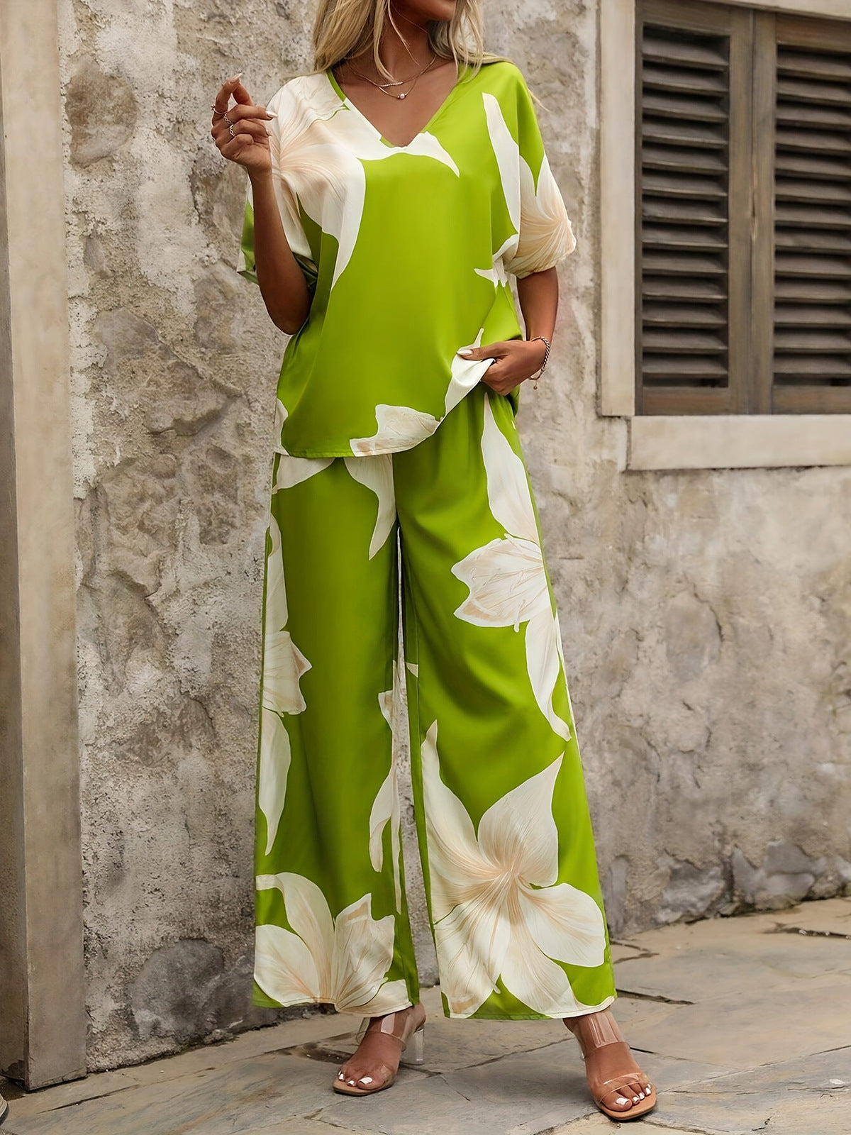 Printed V-neck Batwing-sleeve Top And Long Pants Two-piece Set