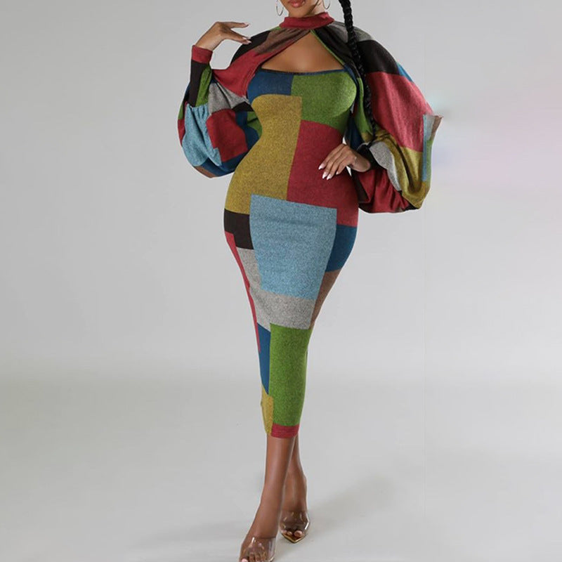 New Fashion Stitching Printing Color Contrast Long Sleeve Plus Size Dress