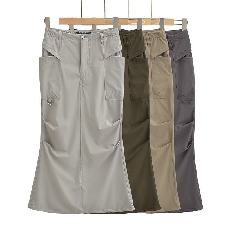 Hong Kong Style Retro Summer Solid Color High Waist Work Clothes Skirt For Women