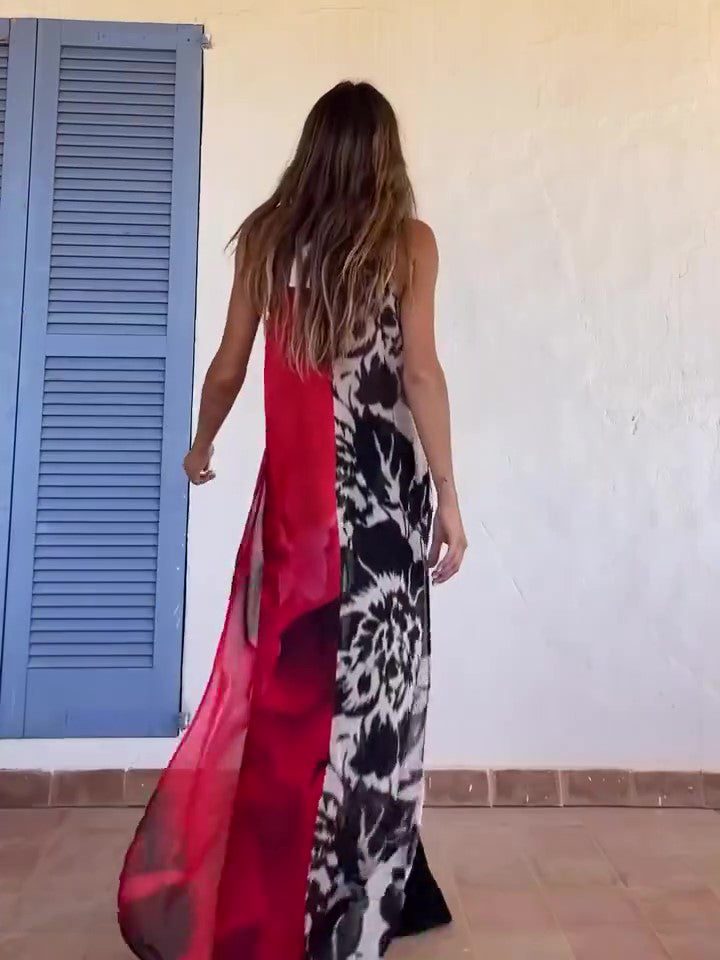 Abstract Print Halter Neck High Slit Tunic Top