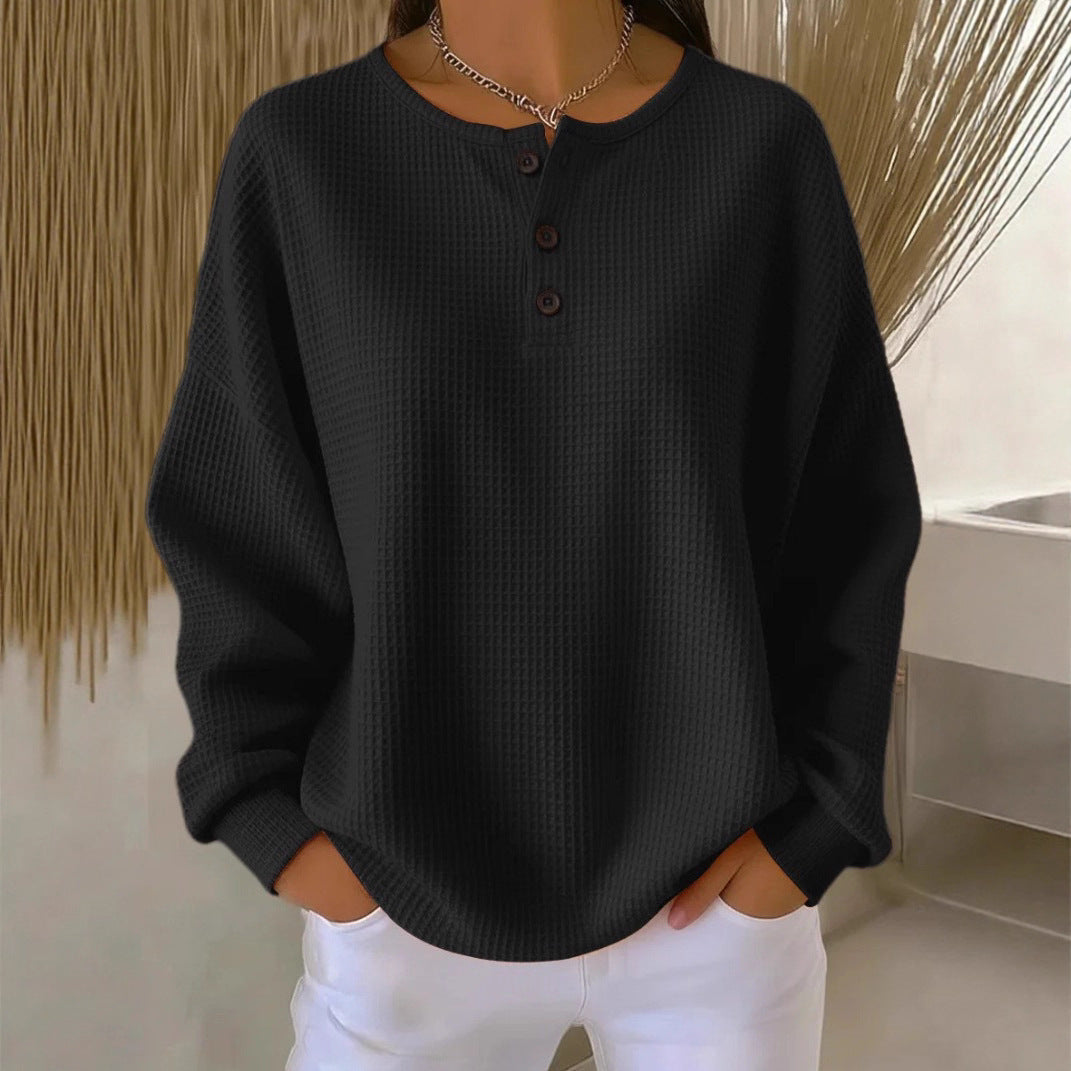 Round Neck Waffle Solid Color Pullover Loose Top